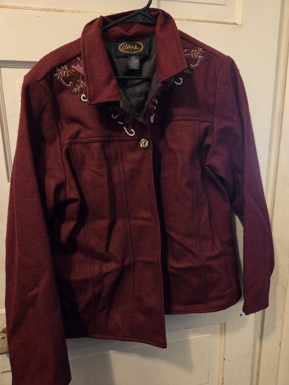 Aeryn Women's Burgundy Wool-Blend Pea Coat with Embroidered Detail